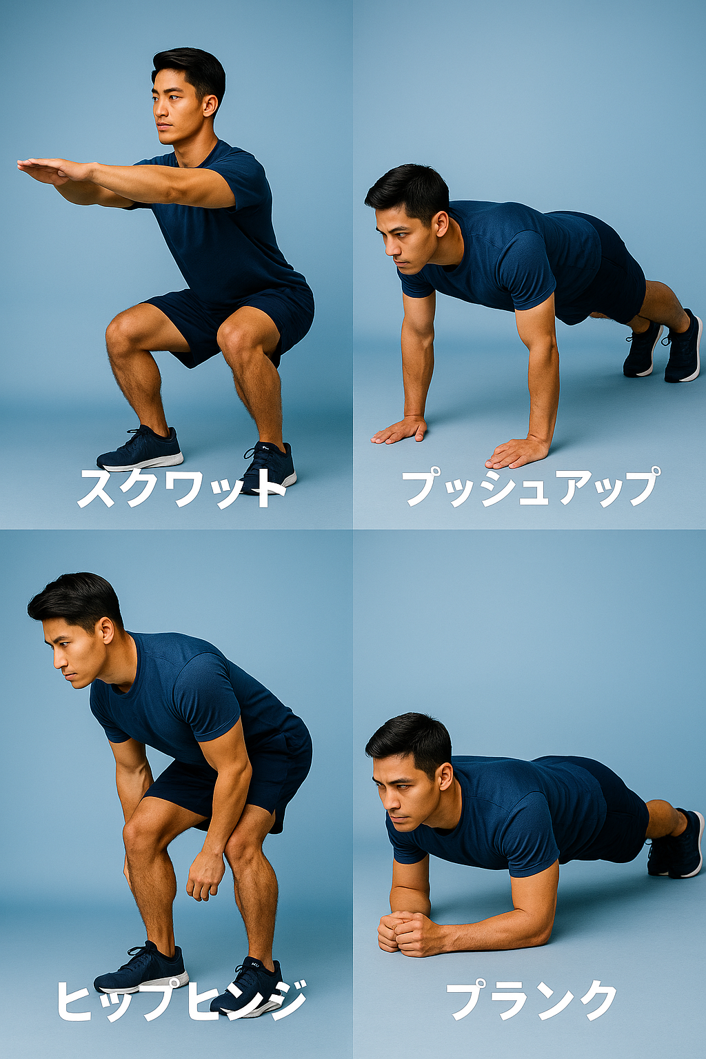 30代男性:20分宅トレ完全メニュー(スクワット・プッシュアップ・ヒップヒンジ・プランク)