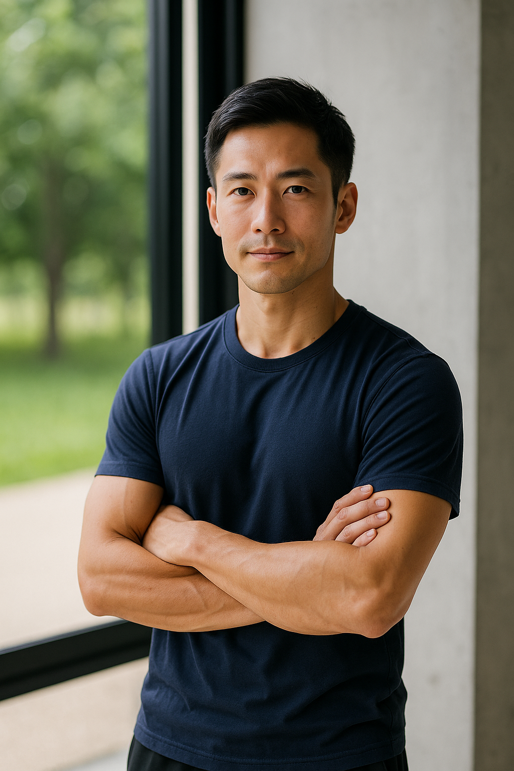 鏡の前で引き締まった体を確認する30代男性のイメージ